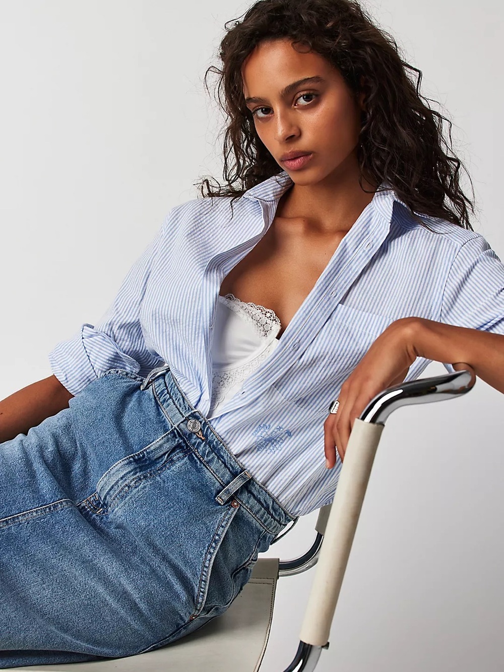 Free People x WNU Blue & White Pinstripe Button-Down Shirt Seersucker Size 10